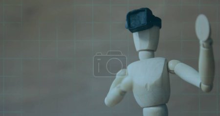 Photo for Image of 6g text, scope scanning and data processing over wooden mannequin wearing vr headset. global networking, technology and digital interface concept digitally generated image. - Royalty Free Image