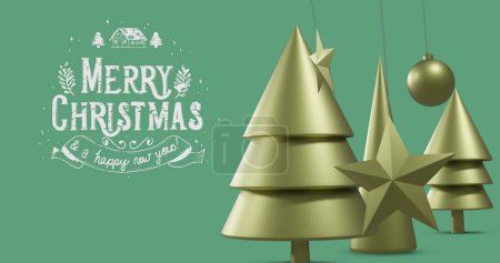 Photo for Image of merry christmas and a happy new year text over decorations on green background. Christmas, tradition and celebration concept digitally generated image. - Royalty Free Image