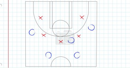Bild der Fußballspiel-Strategie vor quadratisch liniertem, weißem Hintergrund. Sportliches Turnier- und Wettkampfkonzept