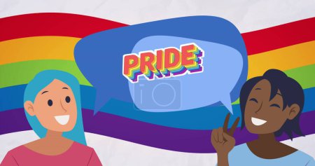 Image of rainbow pride text and two women over rainbow background. Pride month, lgbt, equality and human rights concept digitally generated image.