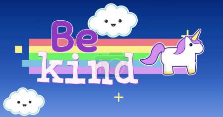 Photo for Digital image of unicorn and rainbow with text that reads be kind. The background is a sky with smiling clouds moving to the left - Royalty Free Image