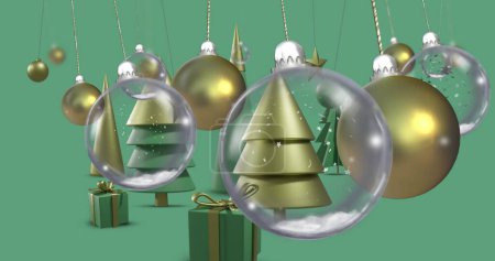 Bild von Kugeln über Weihnachtsdekoration auf grünem Hintergrund. Weihnachten, Tradition und Festkonzept digital generiertes Image.