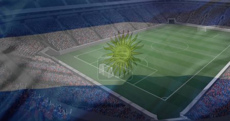 Imagen de estadio deportivo sobre bandera argentina. Patriotismo global, celebración, deporte e interfaz digital concepto de imagen generada digitalmente.