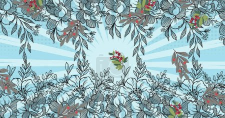 Image of flowers and leaves over blue stripes background. World vegan day, nutrition, diet concept digitally generated image.