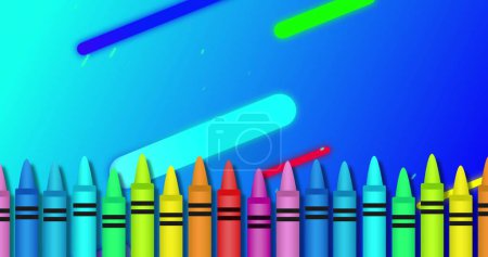 Photo for Colourful shapes moving diagonally on a blue background with a row of coloured crayons below. vintage colour, creativity and movement concept digitally generated image. - Royalty Free Image