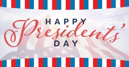 Image of happy president's day text, with red and blue stripes over american flag, on blue. patriotism, independence and celebration concept digitally generated image.
