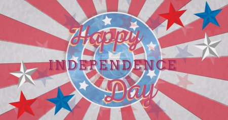 Bild des glücklichen Unabhängigkeitstages Text über Sterne und Streifen. Unabhängigkeitstag, Patriotismus und Feierkonzept digital erzeugtes Image.