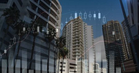 Digital image of graphs moving in the screen with a background of buildings 