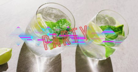 Photo for Image of party neon text and cocktails on wthie background. Party, drink, entertainment and celebration concept digitally generated image. - Royalty Free Image