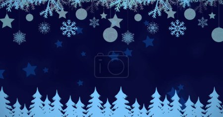 Foto de Decoraciones colgantes de Navidad e iconos de árboles de Navidad contra iconos de estrellas azules sobre fondo azul. fiesta de Navidad y concepto de celebración - Imagen libre de derechos