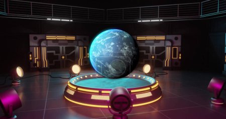 Image du globe tournant au-dessus de la cyber-salle. Fond abstrait, technologie, rétro et jeux, image générée numériquement.