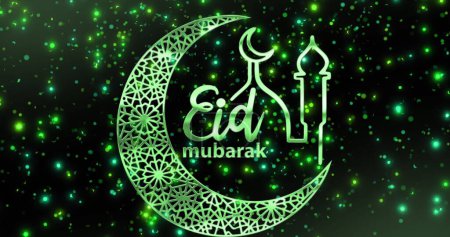 Image of eidi text overflowing spots falling on black background. Eid, tradition, party, festivity and celebration concept digitally generated image. 