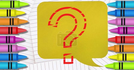 Photo for Question mark symbol over speech bubble against white lined paper and colorful crayons. school and education concept - Royalty Free Image
