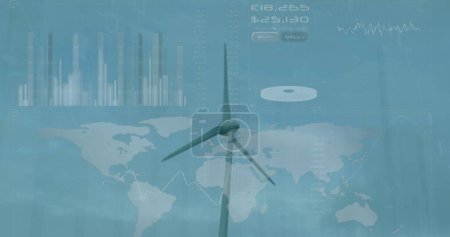 Photo for Image of multiple graphs, numbers and map over low angle view of spinning windmill. Digital composite, multiple exposure, report, global, sustainable energy, power generation and technology. - Royalty Free Image