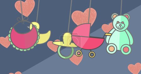 Photo for Image of teddy bear, carriage and baby items over blue background with hearts. Family and adoption concept digitally generated image. - Royalty Free Image