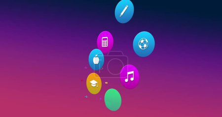 Photo for Image of colorful icons on purple background. Global social media, icons and digital interface concept digitally generated image. - Royalty Free Image