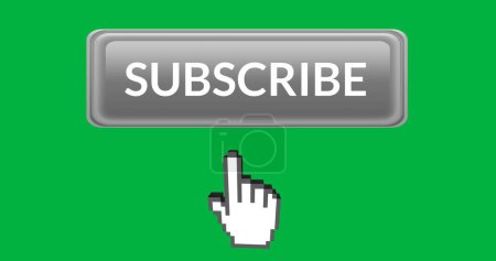 Photo for Digital image of grey subscription button with moving pointing hand icon at the bottom on a green background 4k - Royalty Free Image