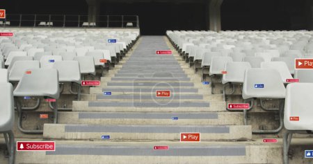 Photo for Image of social media icons on banners over empty stands in sports stadium. global communication, digital interface and technology concept digitally generated image. - Royalty Free Image