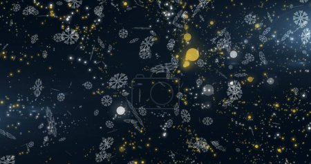 Téléchargez les photos : Image numérique de flocons de neige tombant sur des taches jaunes de lumière sur fond bleu. Noël fête et concept de célébration - en image libre de droit