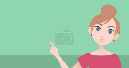 Téléchargez les photos : Image de femme caucasienne parlant et pointant icône sur fond vert avec espace de copie. Icônes et concept de fond image générée numériquement. - en image libre de droit