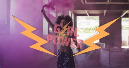 Photo for Image of girl power text over woman holding smoke flare. female power, feminism and gender equality concept digitally generated image. - Royalty Free Image