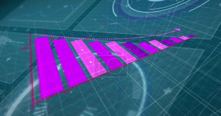 Bild eines rosafarbenen Graphen über Scannern und Datenverarbeitung auf dunkler Oberfläche. Globale Kommunikation, Business, Datensicherheit und digitales Schnittstellenkonzept digital generiertes Image.