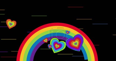 Bild von Regenbogenherzen über Regenbogen auf schwarzem Hintergrund. Pride month, lgbtq, Menschenrechte und Gleichberechtigungskonzept digital generiertes Image.