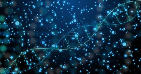 Foto de Imagen de ADN sobre puntos sobre fondo azul. Red, conexiones y concepto científico imagen generada digitalmente. - Imagen libre de derechos