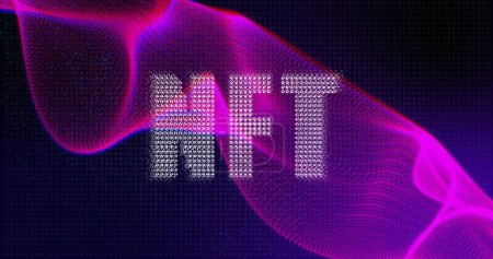 Nft text banner against purple digital wave on black background. cryptocurrency and art technology concept