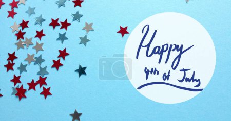 Photo for Image of 4th of july text over stars of united states of america on blue background. American independence day, tradition and celebration concept digitally generated image. - Royalty Free Image