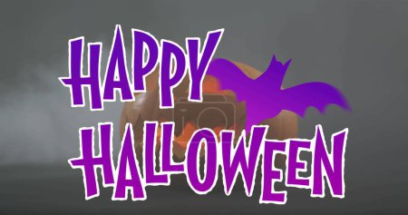 Téléchargez les photos : Image de texte d'Halloween heureux avec chauve-souris sur citrouille orangée sculptée. tradition halloween et concept de célébration image générée numériquement. - en image libre de droit