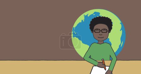 Téléchargez les photos : Image de l'enseignant avec icône globe sur fond vert. - en image libre de droit