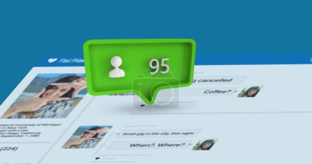 Digitales Bild einer Social-Media-Kontooberfläche und einer grünen Nachrichtenblase mit einem Profilsymbol und steigenden Zahlen für soziale Medien 4k