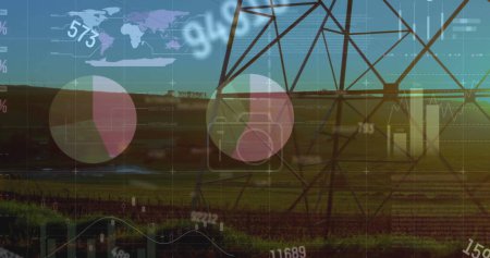 Image of financial data processing over electricity pylon on field. Global finances, energy and environment concept digitally generated image.