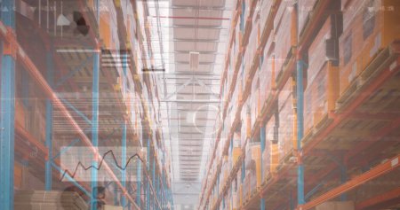 Photo for Image of financial data processing over warehouse. global business, data processing, digital interface, technology and shipping concept digitally generated image. - Royalty Free Image