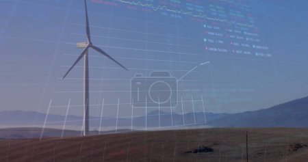 Image of financial data and graph over landscape with wind turbines. Ecology, green energy, eco power, finance and economy concept digitally generated image.