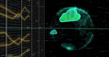 Photo for Image of cloud icons and data processing over globe. Global connections, digital interface, data processing and cloud computing concept digitally generated image. - Royalty Free Image
