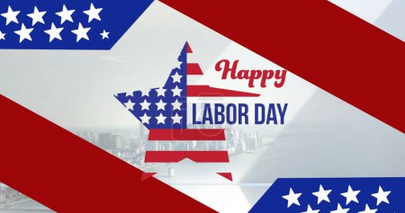 Image of happy labor day text and american flag over cityscape. labor day and celebration concept digitally generated image.
