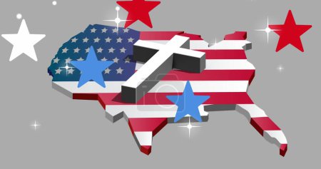 Bild von Kreuz und Sternen über Landkarte mit Flagge der Vereinigten Staaten von Amerika. Amerikanische Unabhängigkeit, Tradition und Feierkonzept digital generiertes Image.