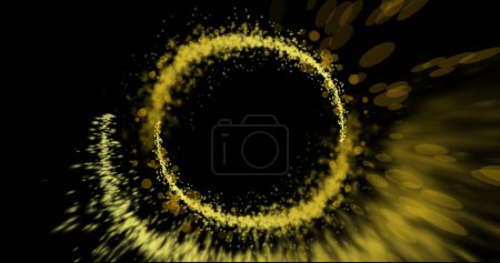 Téléchargez les photos : Image de traînées de lumière jaune et de taches formant des cercles sur fond noir. Image de fond abstraite, concept de lumière et de mouvement générée numériquement. - en image libre de droit