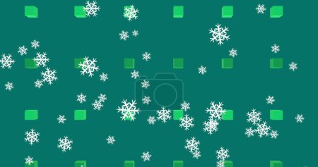 Photo for Image of christmas snow falling over pattern on green background. Christmas, festivity, celebration and tradition concept digitally generated image. - Royalty Free Image