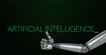 Photo for Image of artificial intelligence text over robotic arm. Global business and digital interface concept digitally generated image. - Royalty Free Image