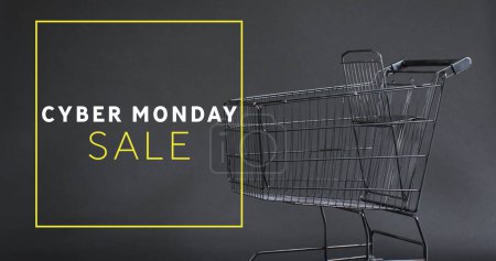 Photo for Image of cyber monday sale text over shopping trolley. Sales, retail, cyber shopping, digital interface, communication, computing and data processing concept digitally generated image. - Royalty Free Image