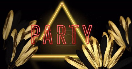 Photo for Image of party text and neon triangle over leaves on black background. Retro future and digital interface concept digitally generated image. - Royalty Free Image