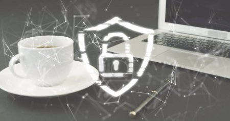 Photo for Image of padlock icon and network of connections over laptop and coffee. Global technology, online security and digital interface concept digitally generated image. - Royalty Free Image
