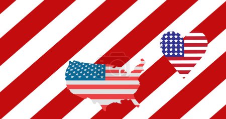 Téléchargez les photos : Image de la carte de l'Amérique et du cœur avec des drapeaux des Etats-Unis sur fond rayé rouge et blanc. fête des présidents, fête de l'indépendance et concept de patriotisme américain image générée numériquement. - en image libre de droit