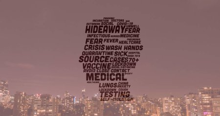 Image of social distancing and covid 19 text forming human head over cityscape. global coronavirus covid 19 pandemic concept digitally generated image.