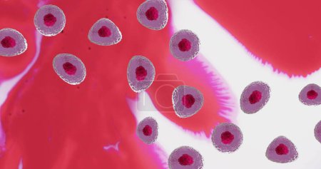 Foto de Imagen de micro de células rojas y rosas sobre fondo rojo y blanco. Concepto global de ciencia, investigación y medicina imagen generada digitalmente. - Imagen libre de derechos