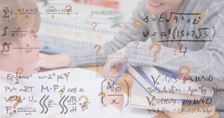 Image of mathematical equations over caucasian schoolkid with smiling teacher in classroom. school and education concept digitally generated image.
