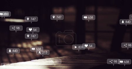 Image of social media icons and numbers over people walking in fast motion. global social media, networking, connections and digital interface concept digitally generated image.